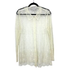 Vintage Hopeless Romantic Sheer Mesh Embroidered Lace Button Down Top Cream Sz L